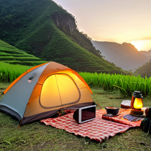 Home 11 **
A cozy campsite scene at dusk in the Vietnamese highlands. A modern, lightweight tent glows from within with the warm light of an LED lantern. Next to the tent, a foldable solar panel is angled towards the setting sun, charging a power bank. Cooking utensils are neatly stacked on a portable camping table. In the background, mist hangs over the lush green hills. Focus on the feeling of self-sufficiency and preparedness.
**