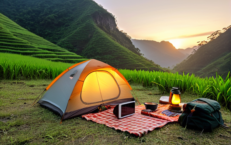 **
A cozy campsite scene at dusk in the Vietnamese highlands. A modern, lightweight tent glows from within with the warm light of an LED lantern. Next to the tent, a foldable solar panel is angled towards the setting sun, charging a power bank. Cooking utensils are neatly stacked on a portable camping table. In the background, mist hangs over the lush green hills. Focus on the feeling of self-sufficiency and preparedness.
**