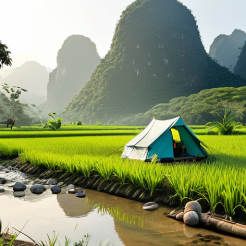 Home 6 **A serene off-grid campsite in the Vietnamese countryside.** A person is setting up a tent beside a clear stream, surrounded by lush green rice paddies. Solar panels are subtly placed on the tent to capture sunlight. In the background, mist-covered mountains rise. The scene evokes tranquility and self-sufficiency, emphasizing sustainable living and connection with nature in Vietnam.