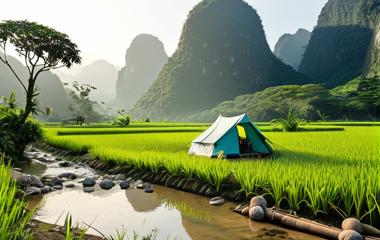 **A serene off-grid campsite in the Vietnamese countryside.** A person is setting up a tent beside a clear stream, surrounded by lush green rice paddies. Solar panels are subtly placed on the tent to capture sunlight. In the background, mist-covered mountains rise. The scene evokes tranquility and self-sufficiency, emphasizing sustainable living and connection with nature in Vietnam.